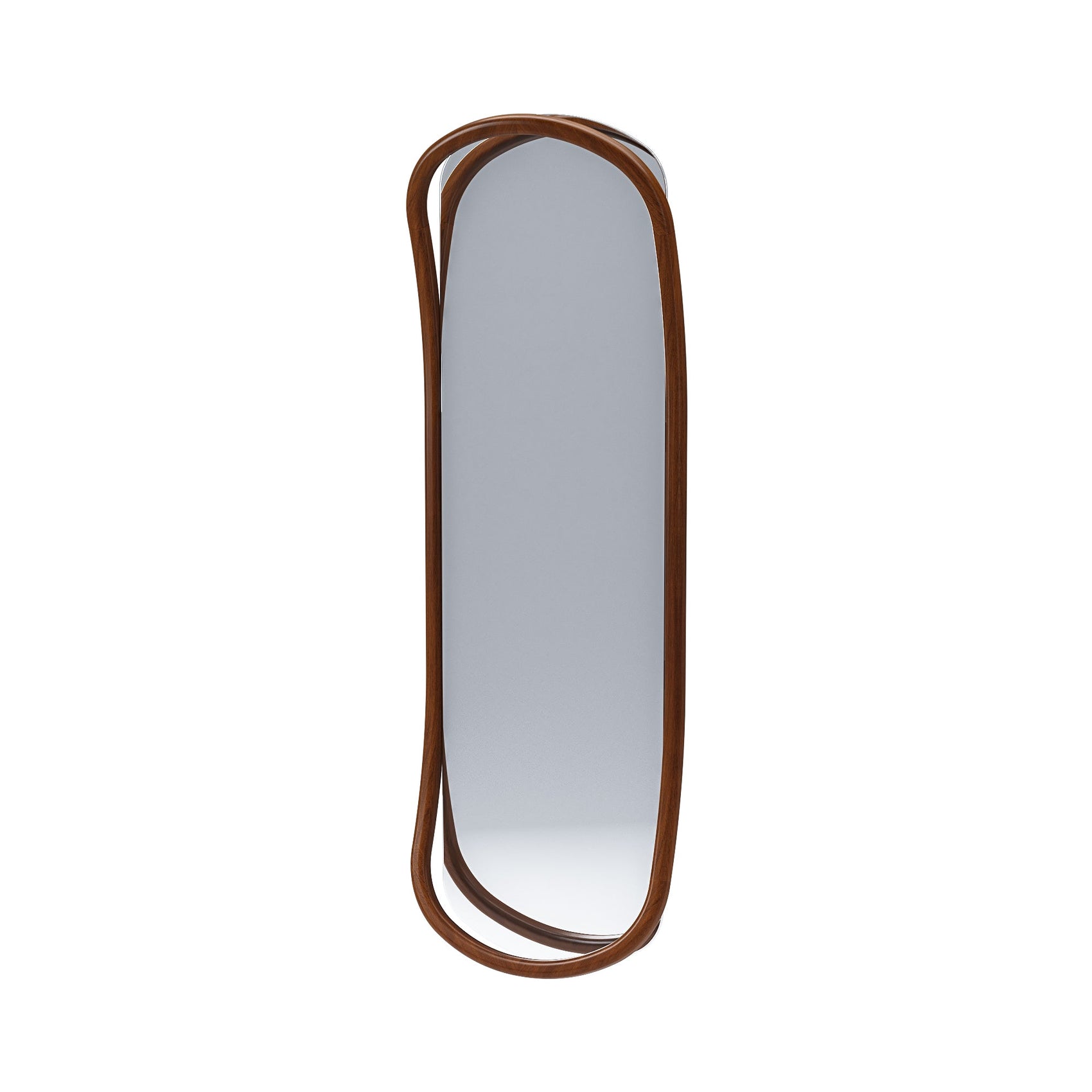 Moldura de espelho oval marrom com acabamento polido e formato vertical
