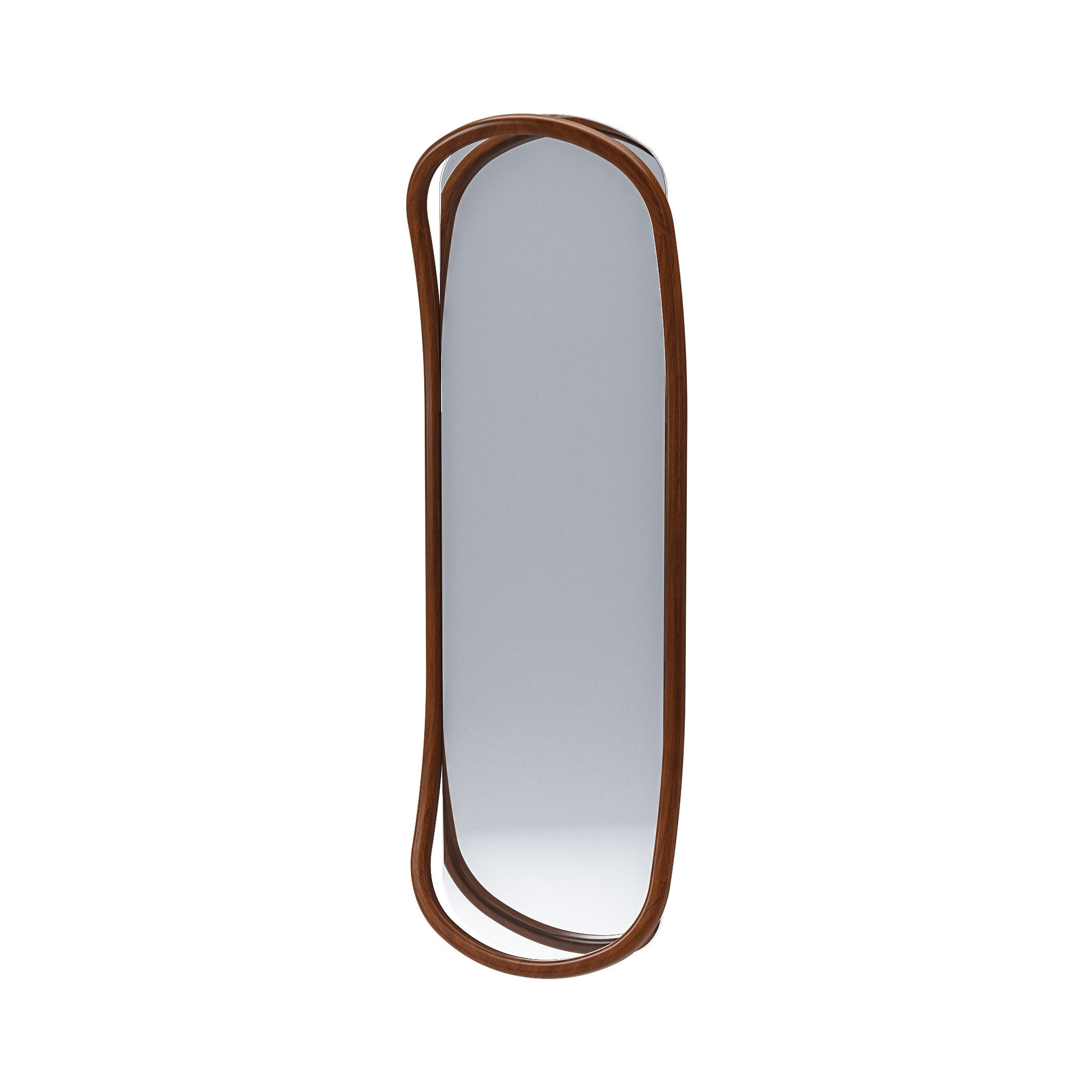 Moldura de espelho oval marrom com acabamento polido e formato vertical