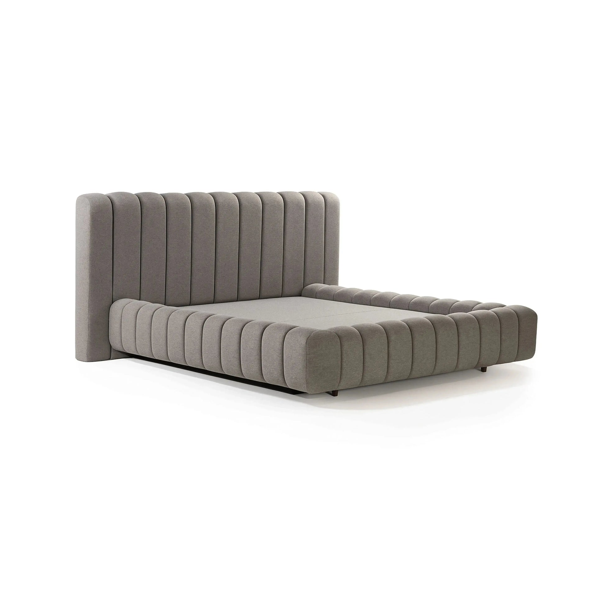 Cama Essenza – cama estofada minimalista com formas puras e acabamento impecável em linho ou bouclé