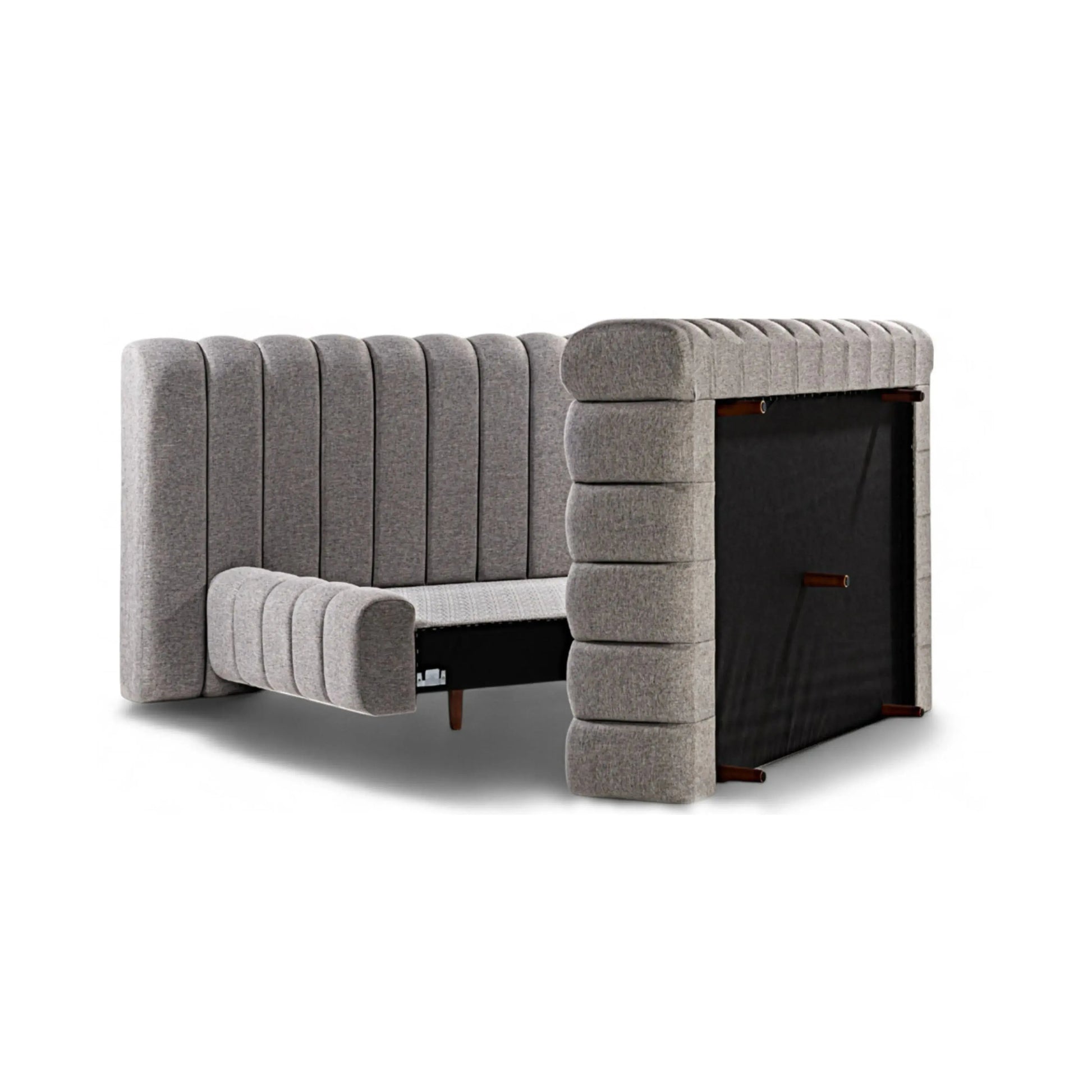 Cama Essenza – cama estofada minimalista com formas puras e acabamento impecável em linho ou bouclé