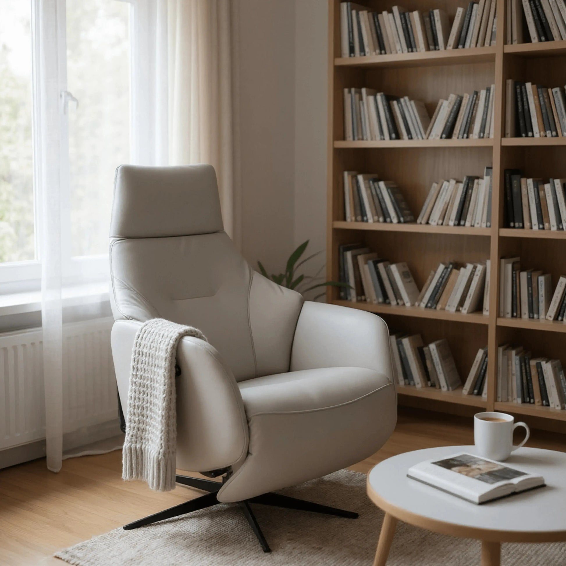 Poltrona Elétrica Evora – poltrona em couro prata com chaise elétrico e bateria autônoma