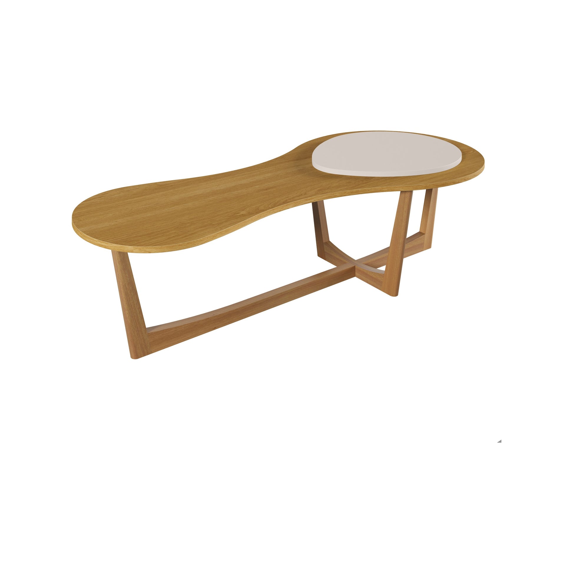 Mesa de centro no acabamento Off White, com tampo sobreposto e base em madeira Carvalho Natural