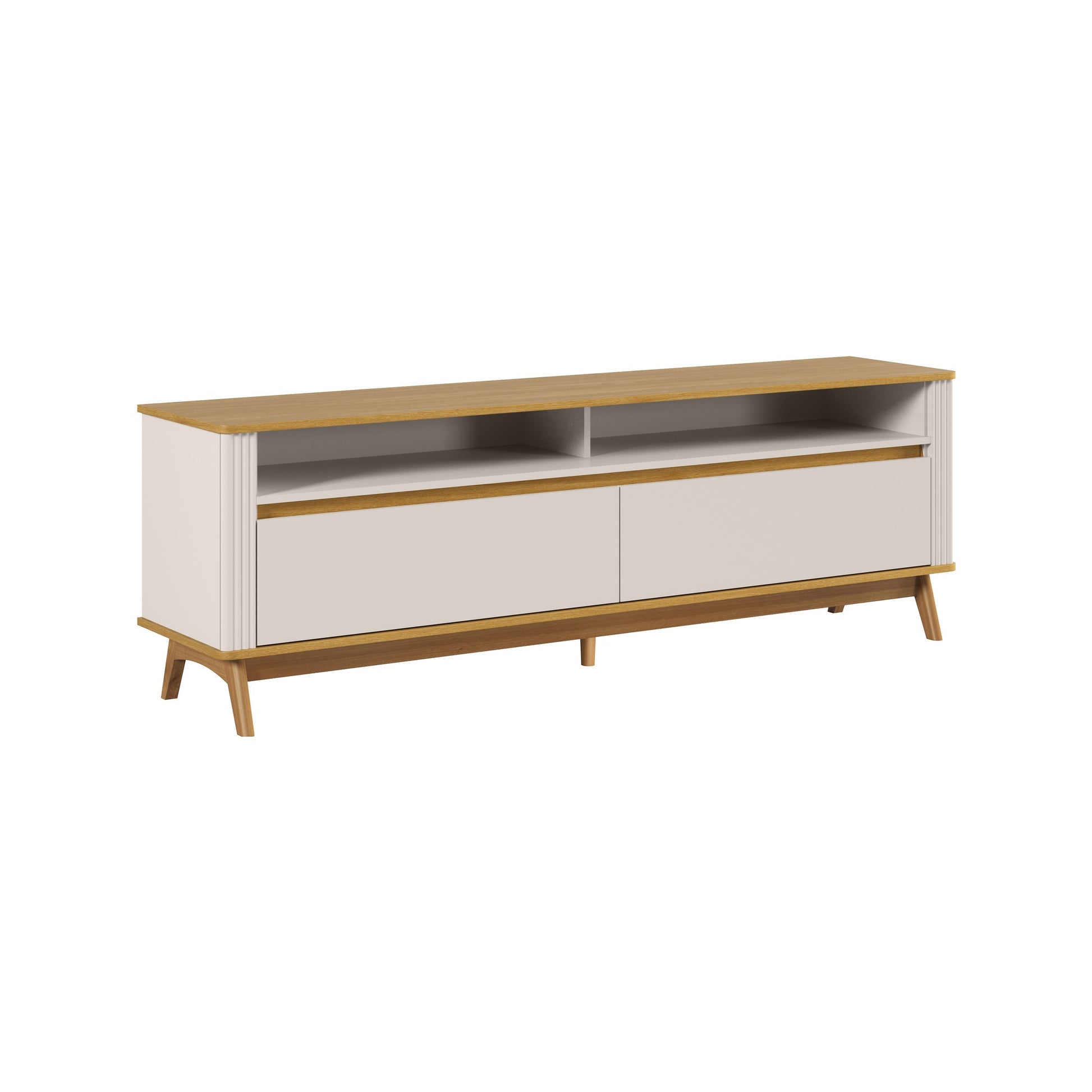 Rack no acabamento Off White, com nichos abertos e gavetas com moldura 3D