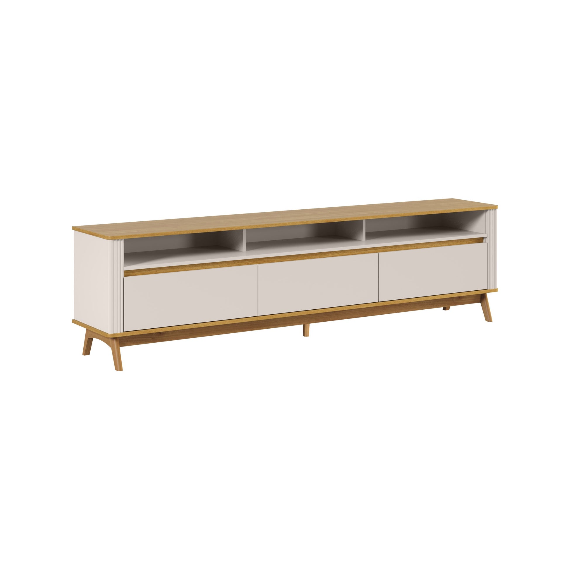 Rack de 3 gavetas no acabamento Off White, com nichos abertos