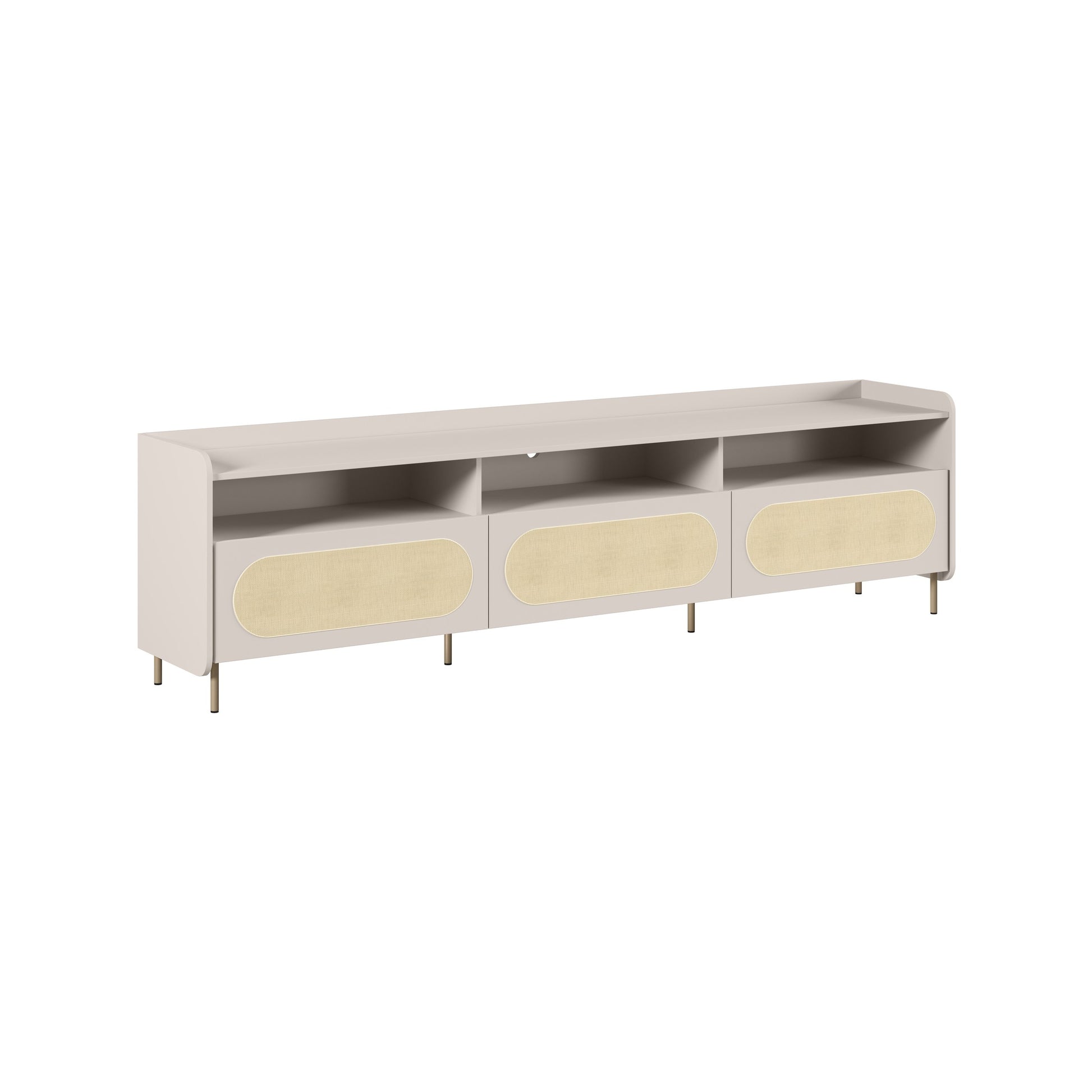 Rack de 3 gavetas no acabamento Off White, com frentes em palhinha
