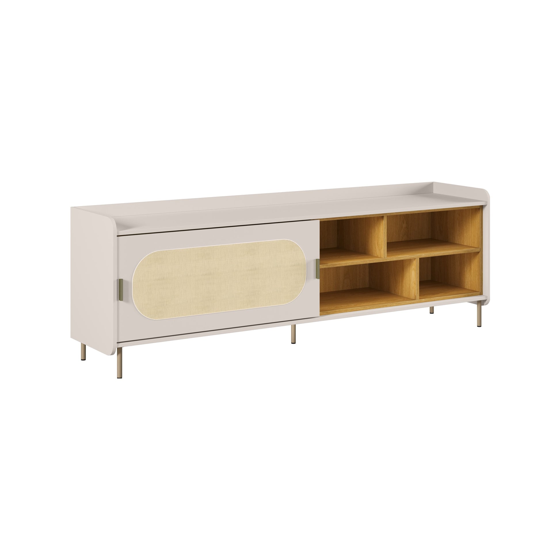 Rack com porta deslizante no acabamento Off White, com painel em palhinha