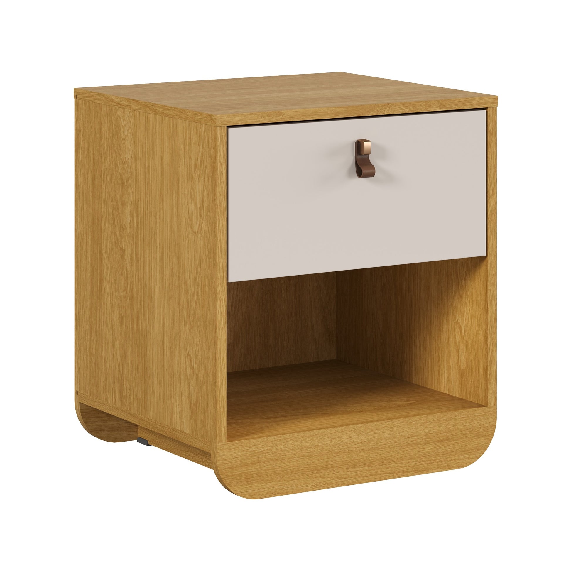 Mesa de cabeceira de 1 gaveta com corpo Carvalho Natural e frente Off White, com nicho aberto