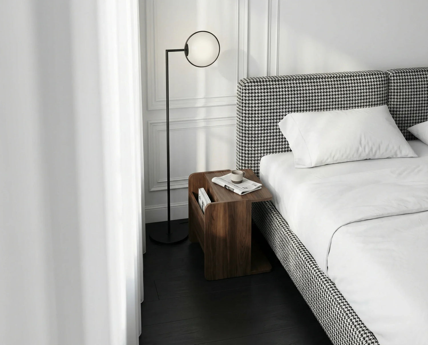 Horizon Interiores freepik_a-closeup-highangle-shot-shows-a-bed-with-a-houndstoothpatterned-headboard-and-frame.-the-bed-is-made-with-crisp-white-linens-and-a-single-fluffed-white-pillow-neatly-centered