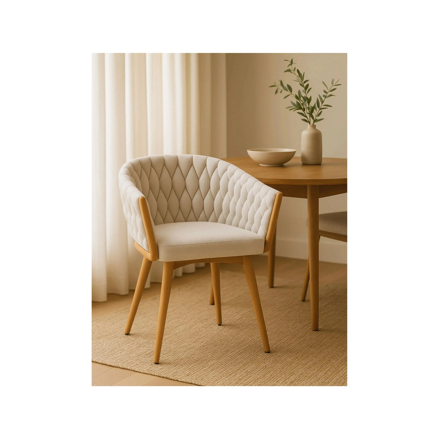 Cadeira Orla – cadeira de jantar com design orgânico e revestimento em bouclé