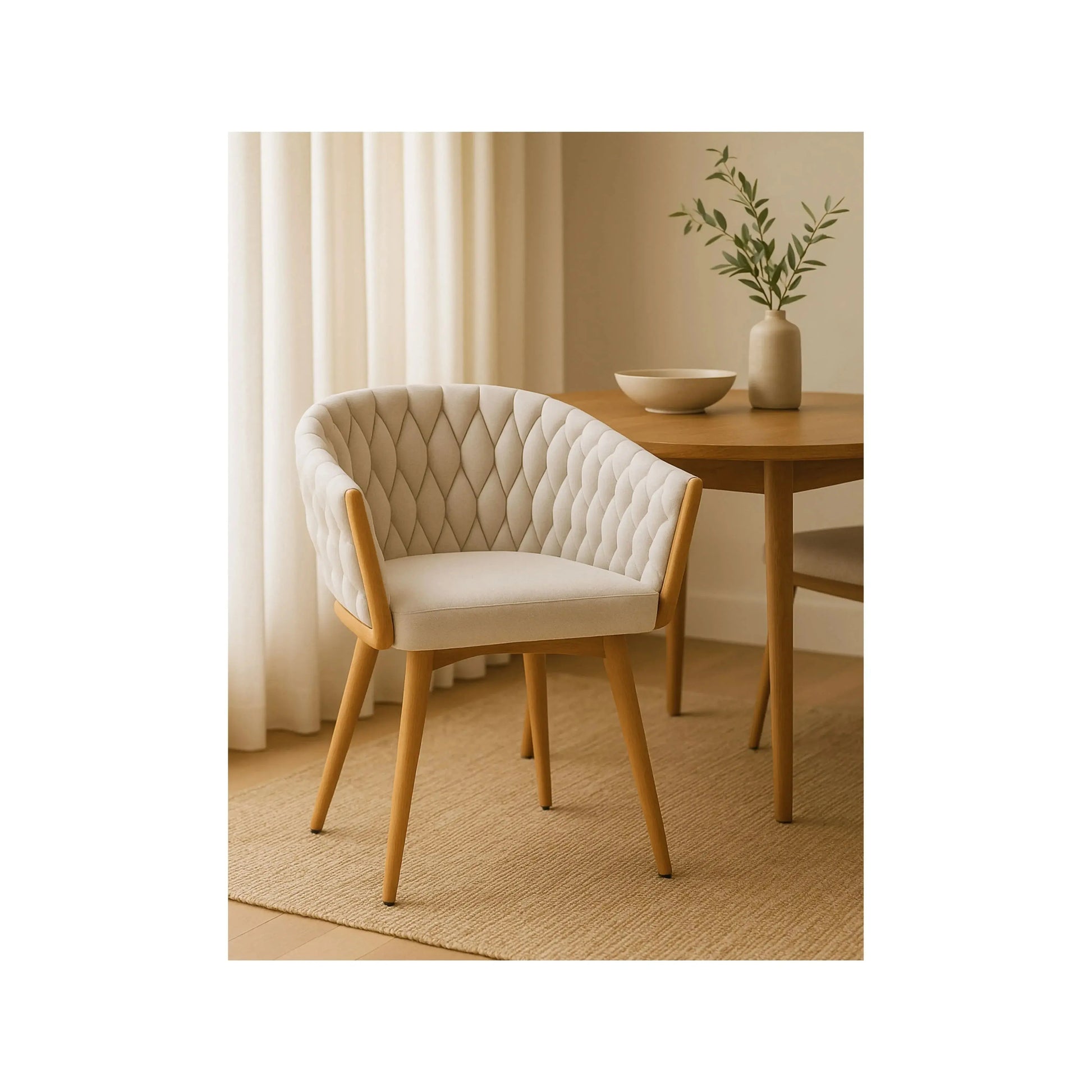 Cadeira Orla – cadeira de jantar com design orgânico e revestimento em bouclé