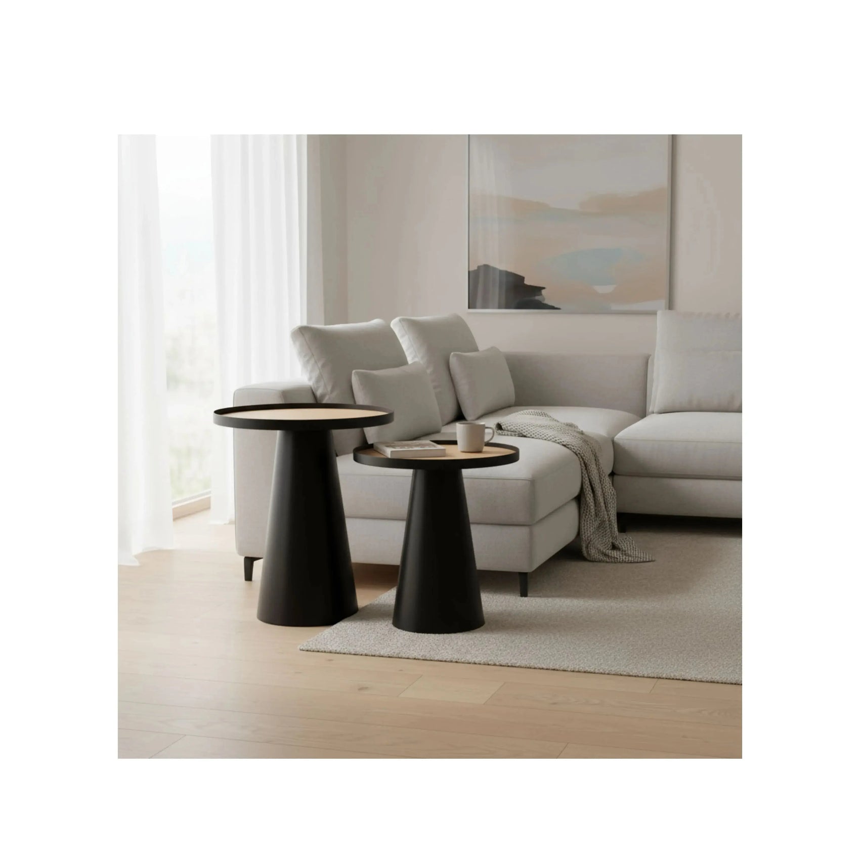 Combo Mesa Lateral Grão – conjunto de 2 mesas com tampo amadeirado e base metálica