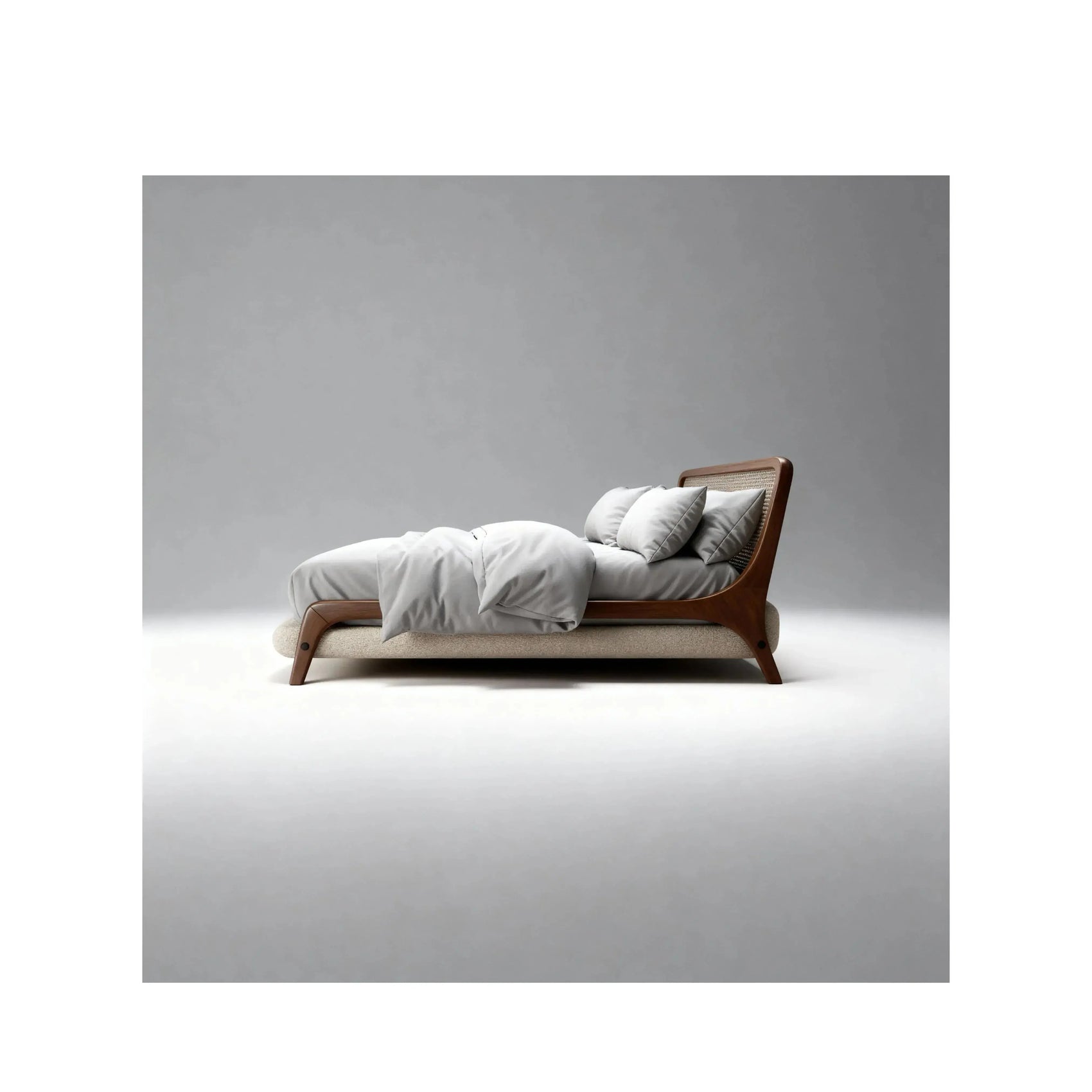 Cama Hermes – cama estofada com cabeceira com detalhes em palhinha natural