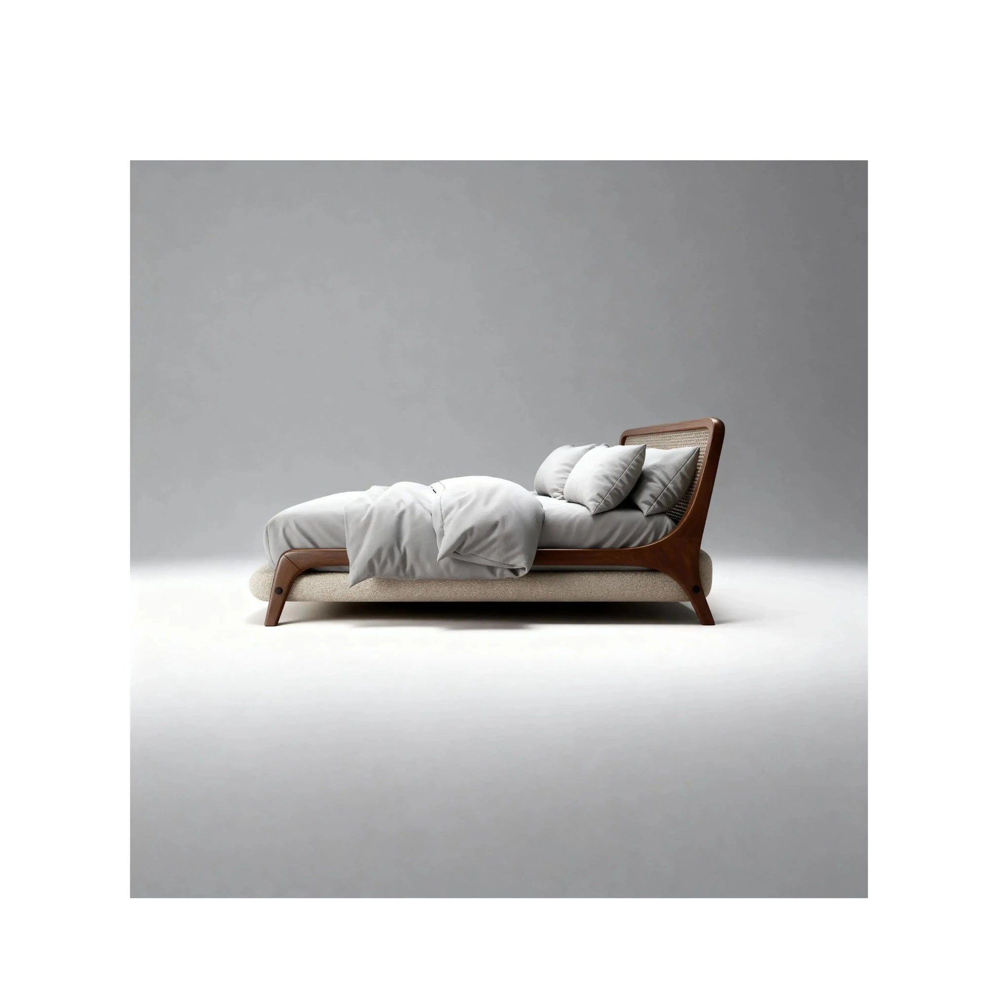 Cama Hermes – cama estofada com cabeceira com detalhes em palhinha natural