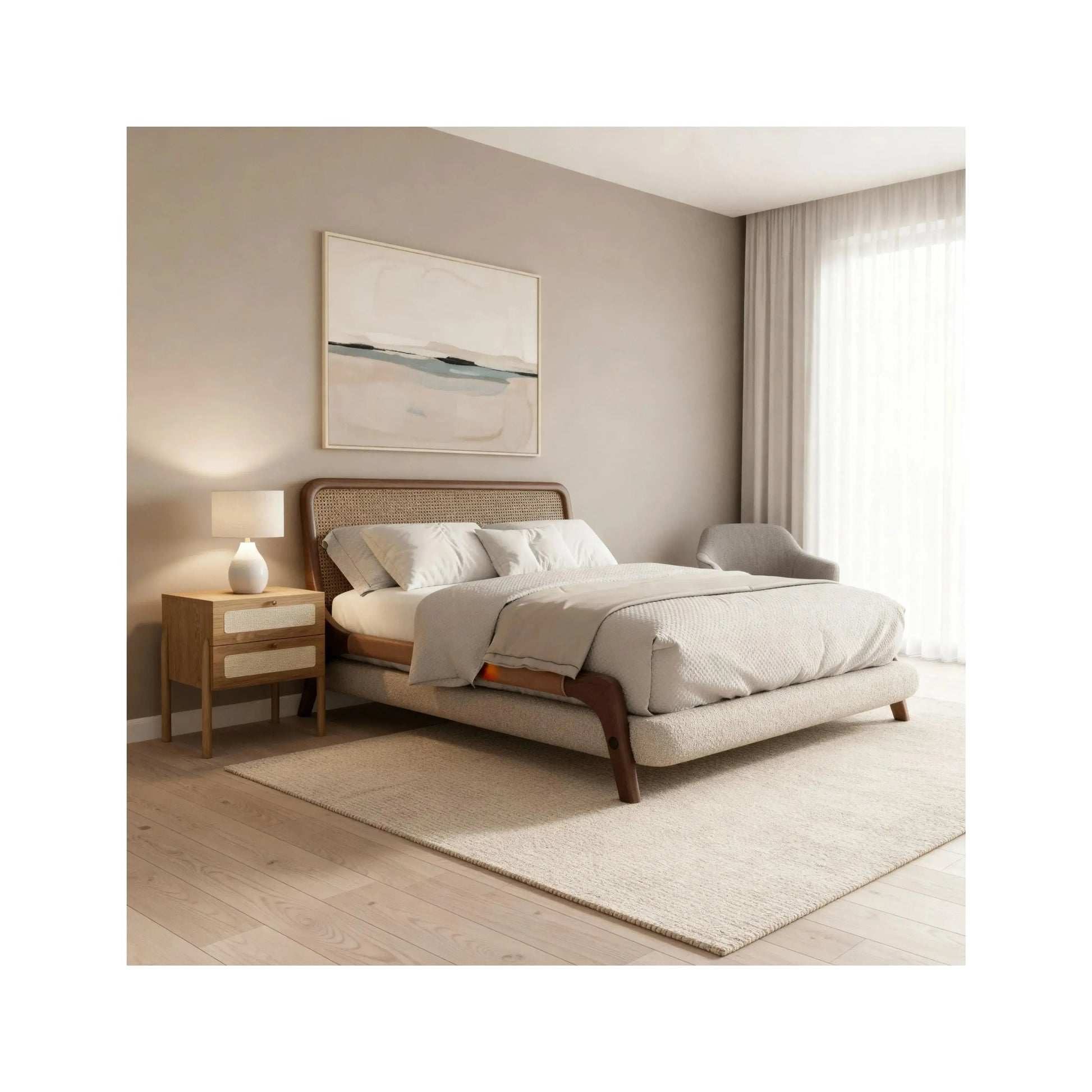 Cama Hermes – cama estofada com cabeceira com detalhes em palhinha natural