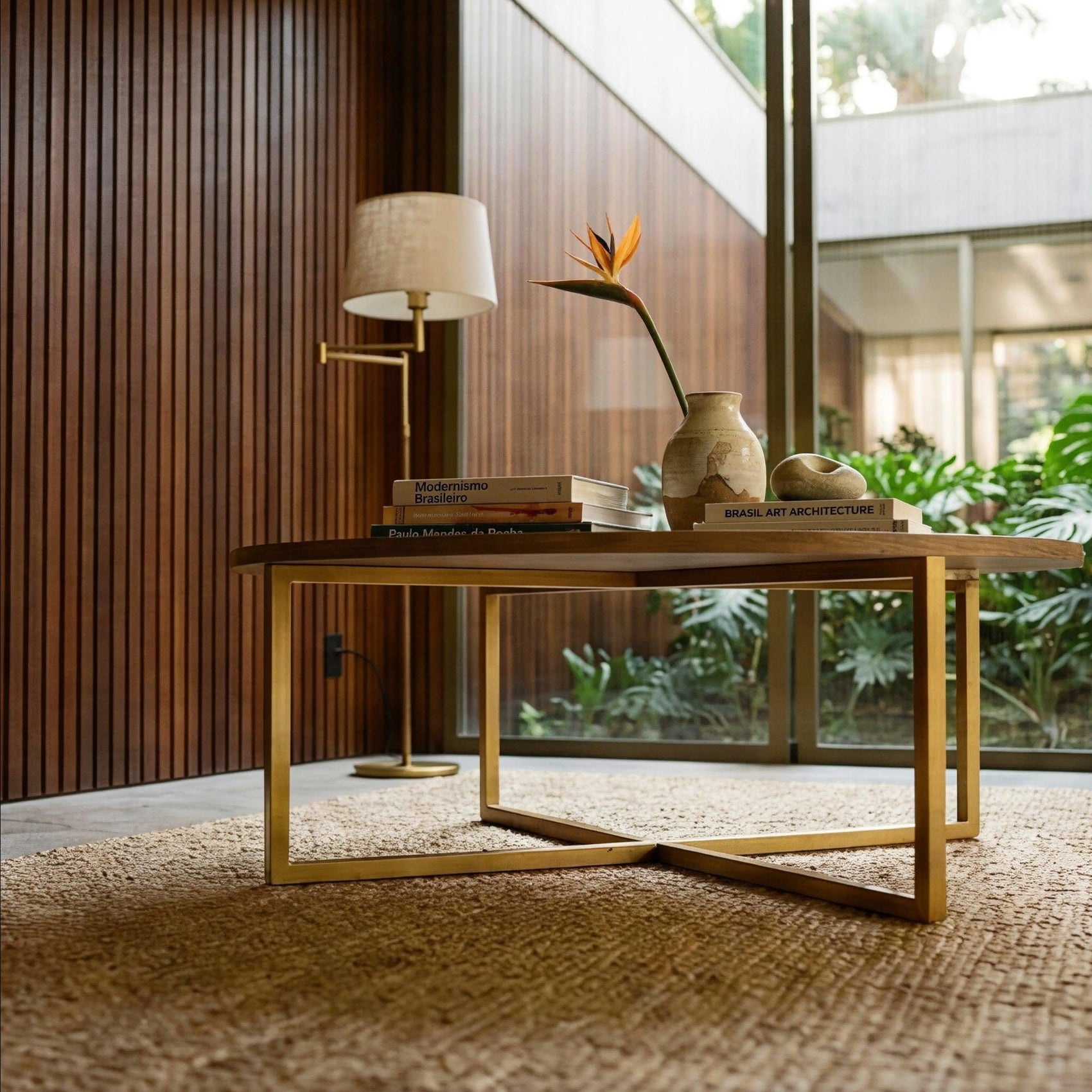 Horizon Interiores Zari round coffee table with light wood top and gold metal base, 80cm diameter.