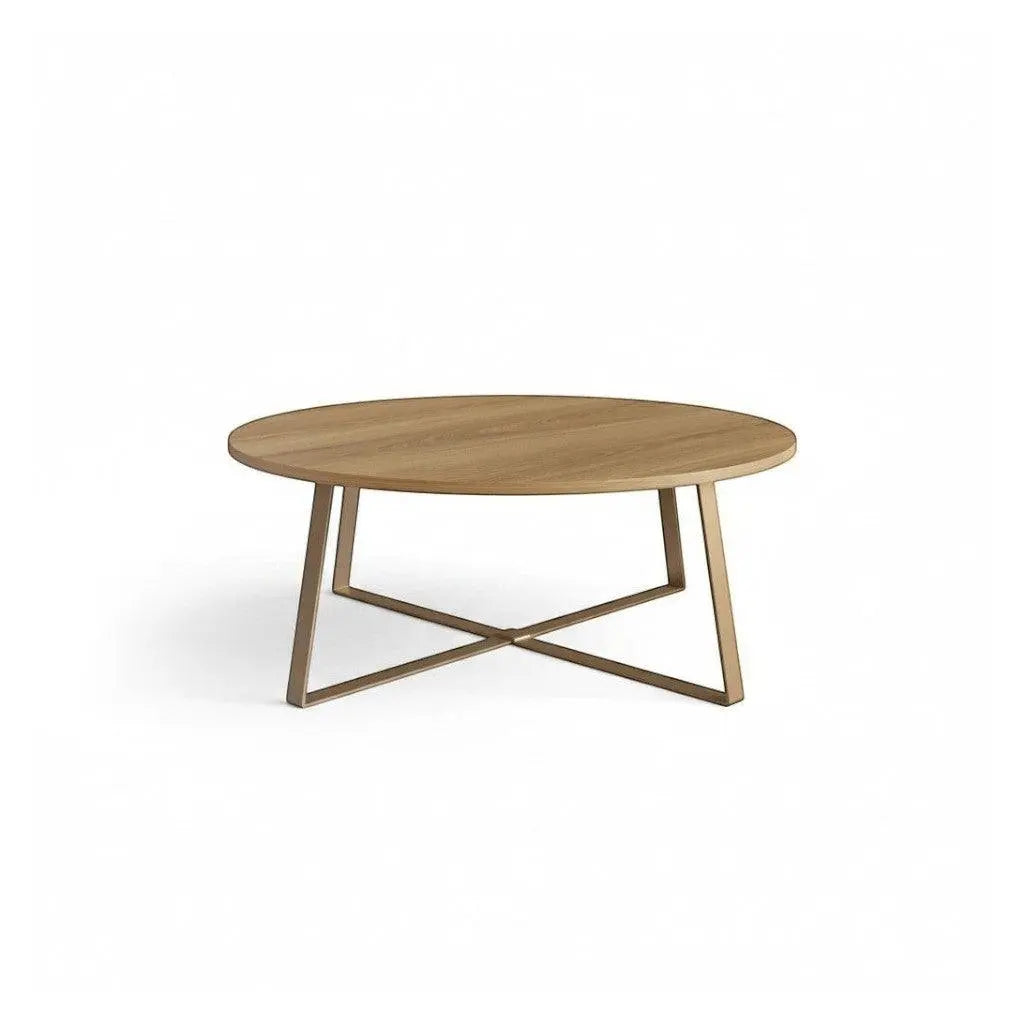 Horizon Interiores Zari Round coffee table with a warm wood-tone MDF top and a gold metal X-base. Diameter 80cm, height 30cm.
