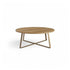 Horizon Interiores Zari Round coffee table with a warm wood-tone MDF top and a gold metal X-base. Diameter 80cm, height 30cm.