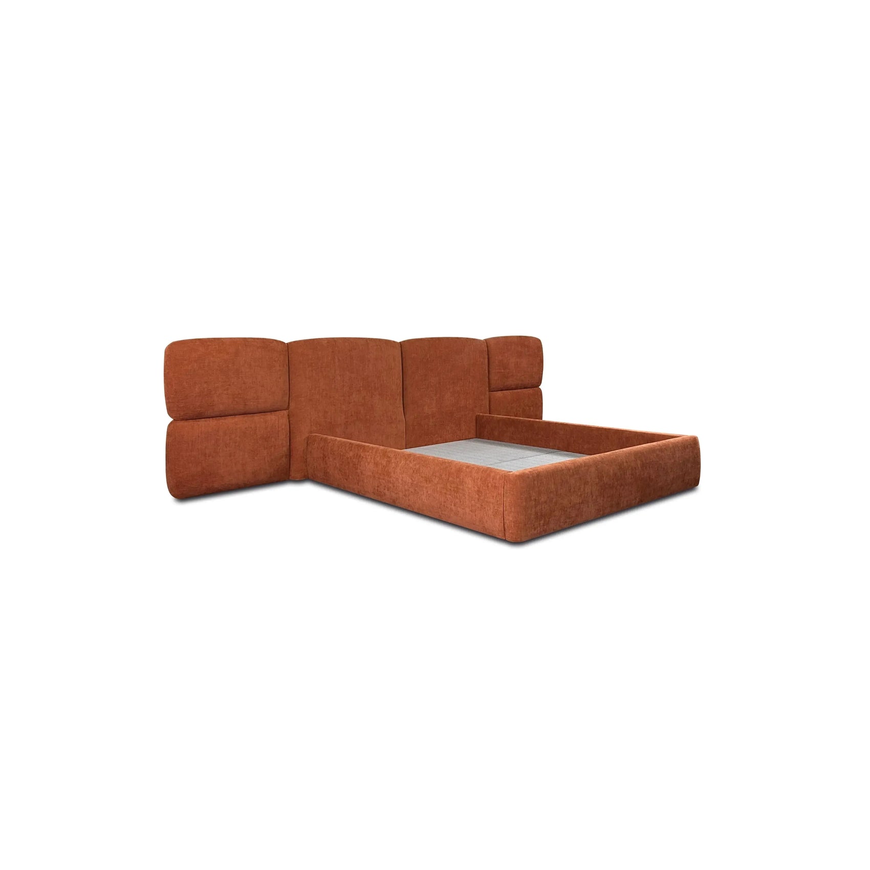 Cama Hug – cama estofada com cabeceira painel ampla e bordas curvas