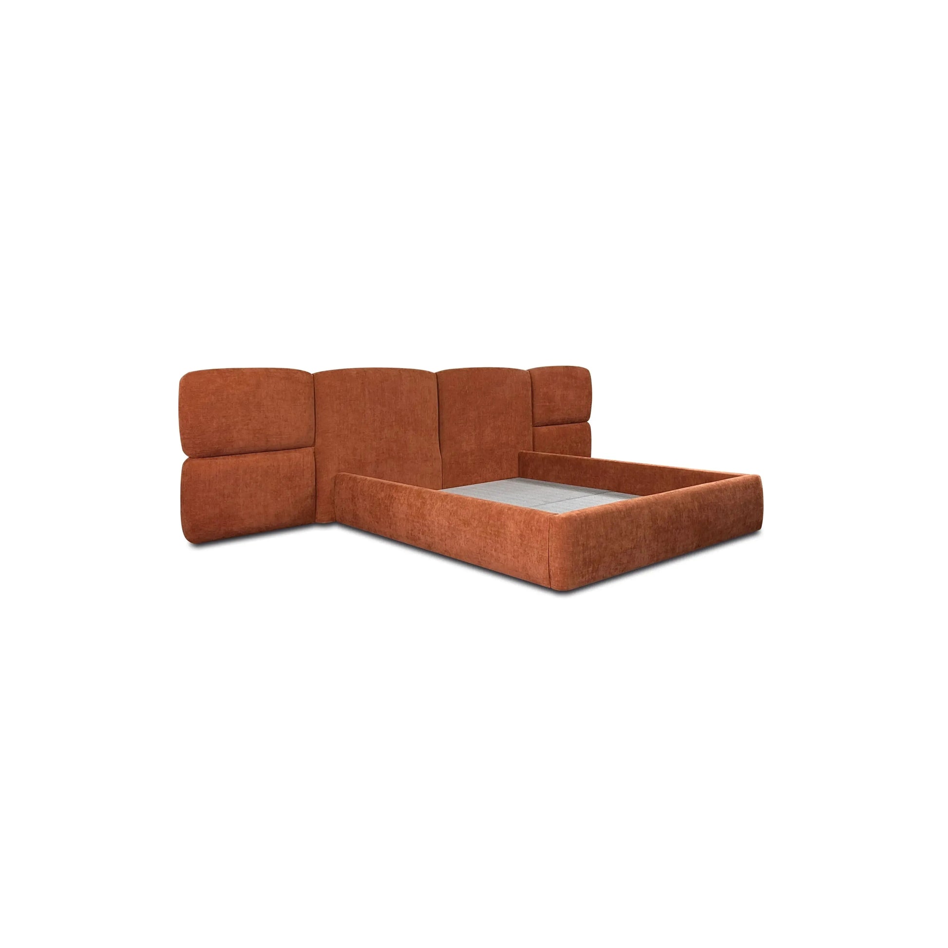 Cama Hug – cama estofada com cabeceira painel ampla e bordas curvas