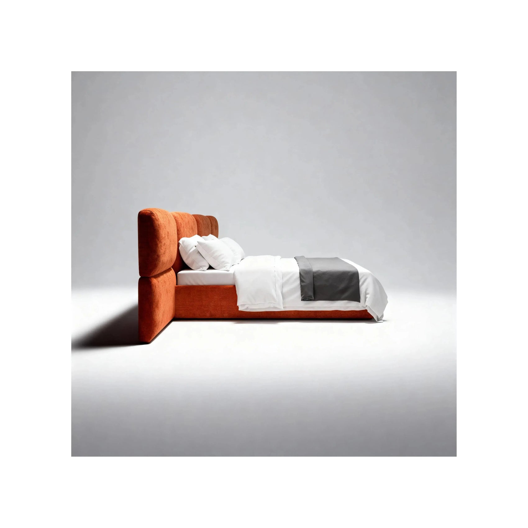 Cama Hug – cama estofada com cabeceira painel ampla e bordas curvas