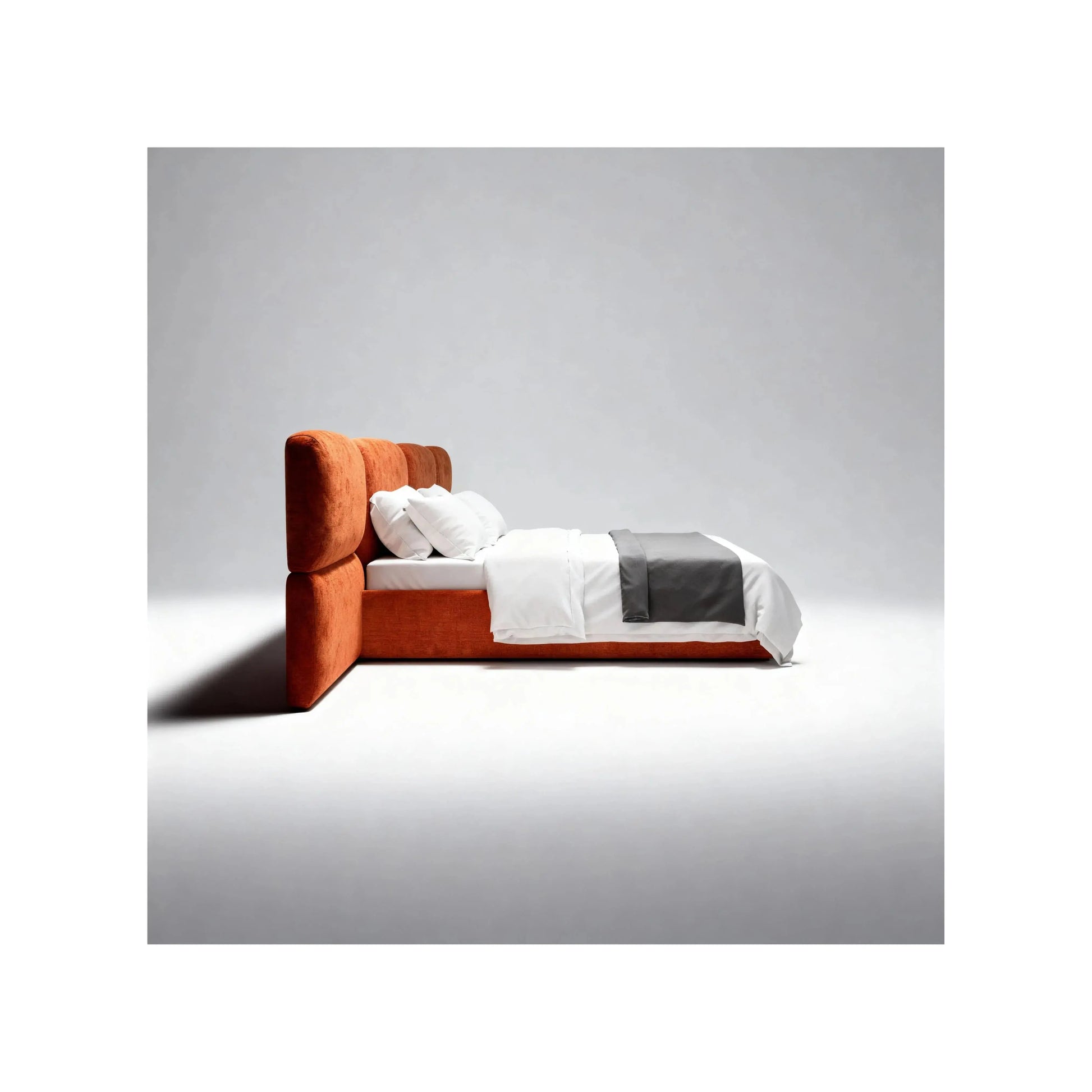 Cama Hug – cama estofada com cabeceira painel ampla e bordas curvas