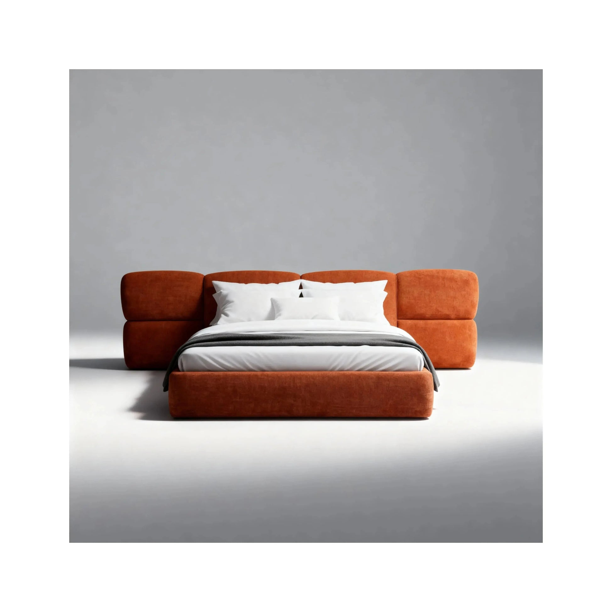 Cama Hug – cama estofada com cabeceira painel ampla e bordas curvas