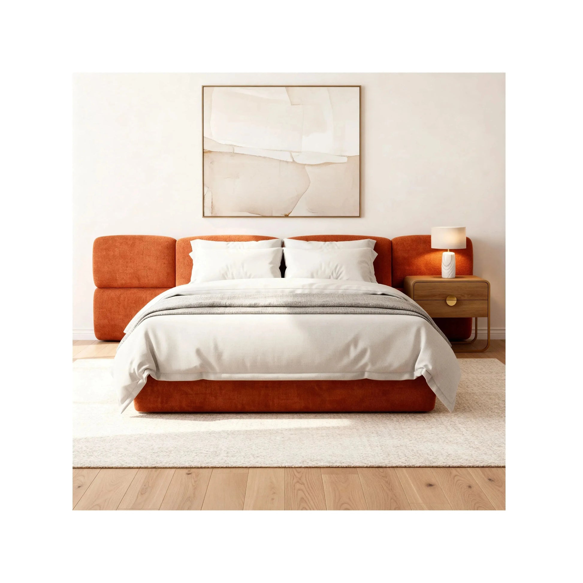 Cama Hug – cama estofada com cabeceira painel ampla e bordas curvas