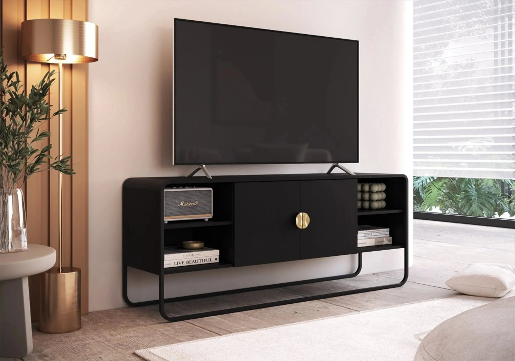 Rack Dalia 150cm 2 Portas acabamento Nero/Preto com pés metálicos e design orgânico