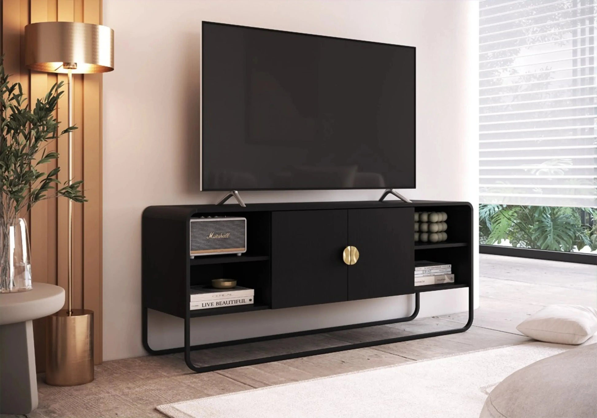 Rack Dalia 150cm 2 Portas acabamento Nero/Preto com pés metálicos e design orgânico