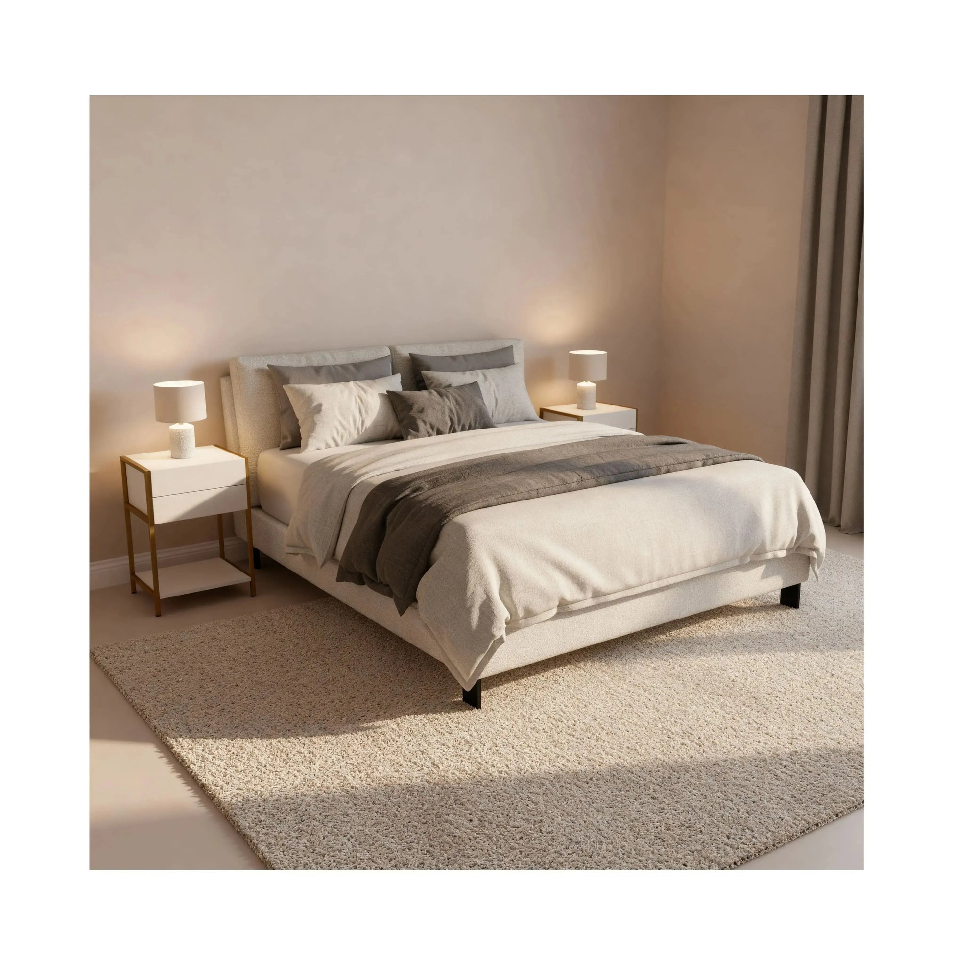 Cama Kairo – cama estofada retilínea com pés de aço pintados e almofadas soltas