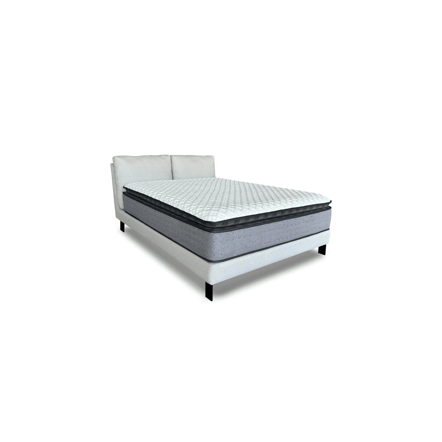 Cama Kairo – cama estofada retilínea com pés de aço pintados e almofadas soltas