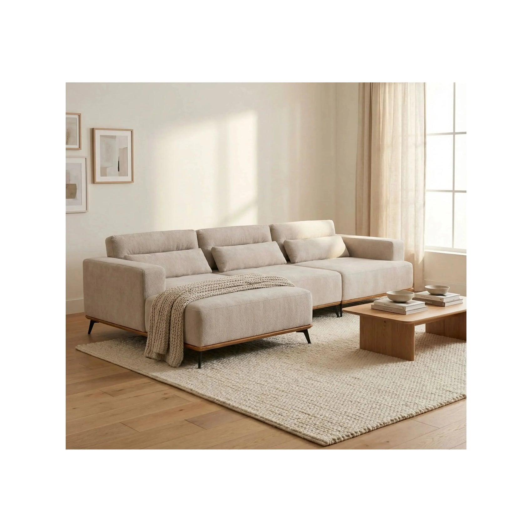 Sofá Living Liberty – sofá com chaise integrada e braços largos de design contemporâneo