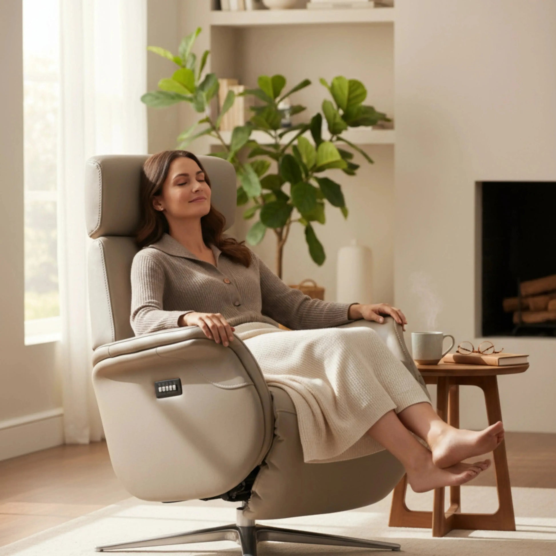 Poltrona Elétrica Louis – poltrona em couro taupe com encosto de cabeça ajustável e chaise elétrico