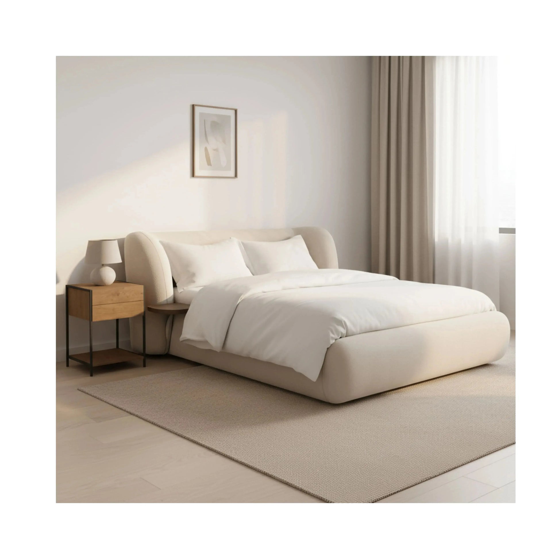 Cama Lírio – cama estofada com design orgânico e cabeceira de 90 cm