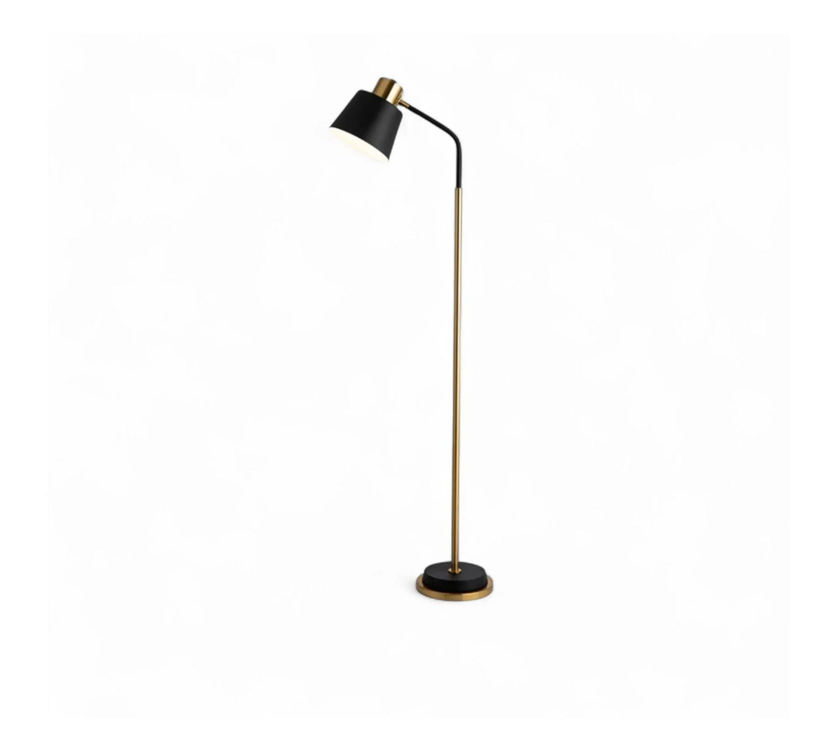 Luminária de Piso Boreal Preta – luminária com haste preta e dourada e cúpula em tecido branco