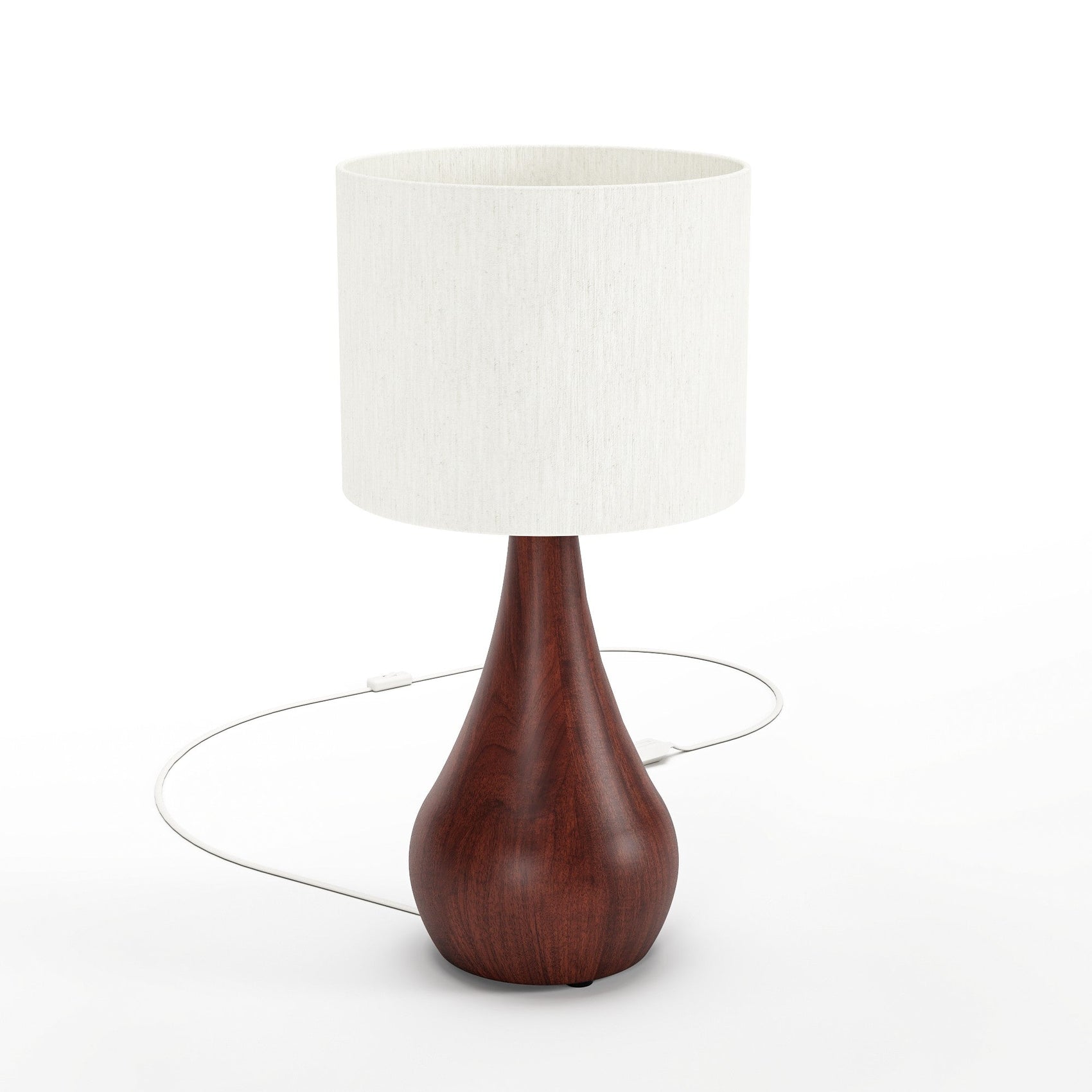 Luminária de mesa com cúpula de tecido branca e base de madeira escura em formato gota
