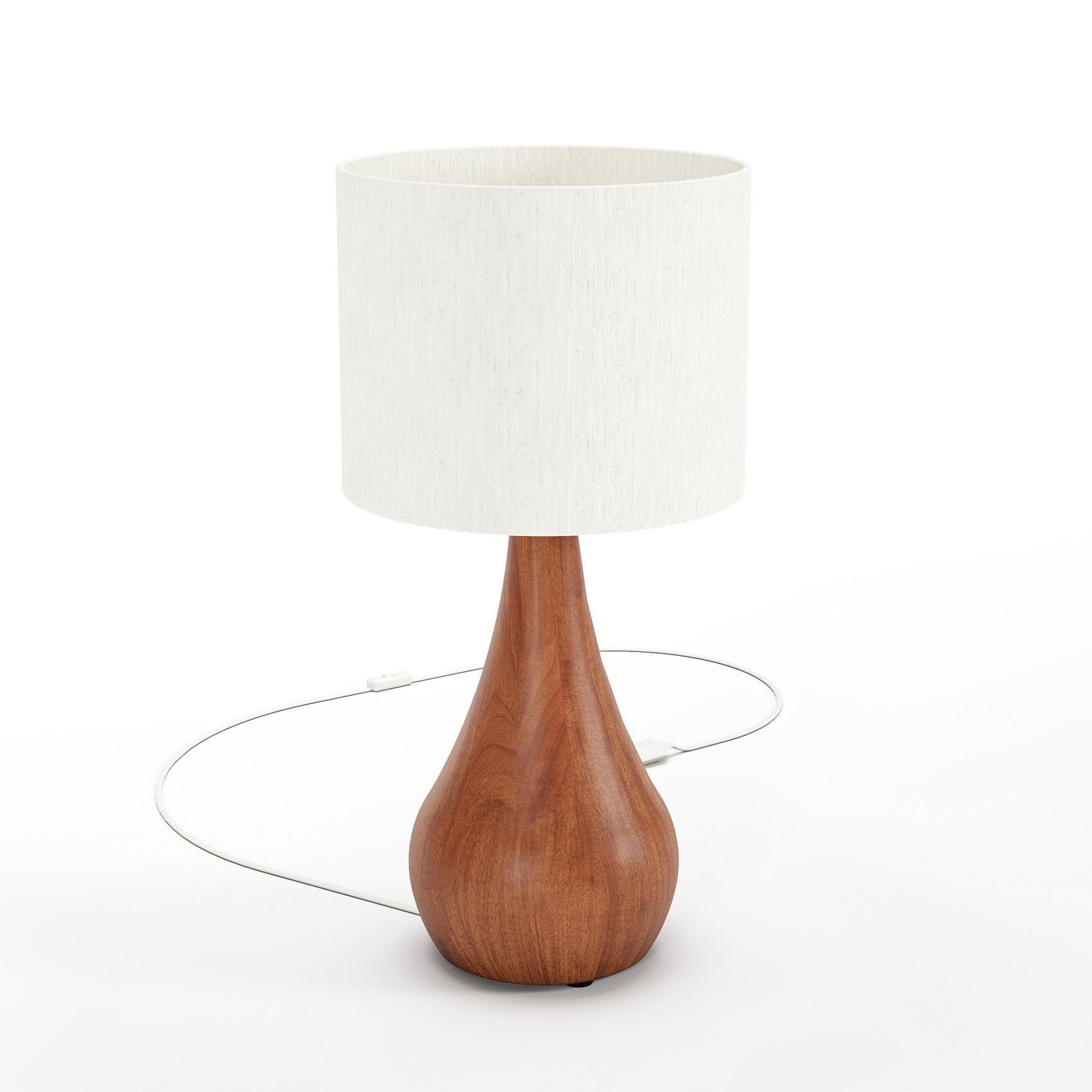 Luminária de mesa com cúpula de tecido branca e base de madeira em formato gota