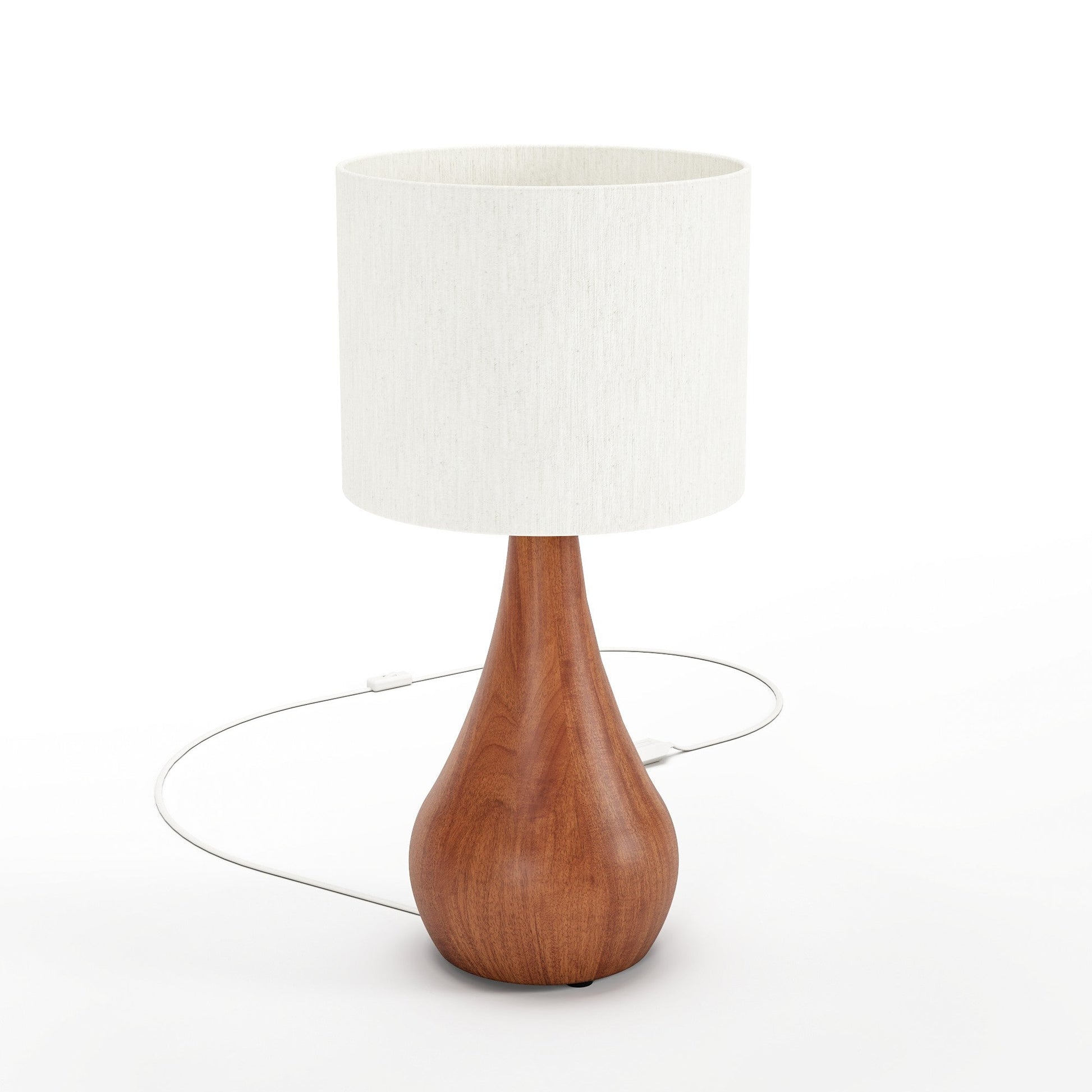 Luminária de mesa com cúpula de tecido branca e base de madeira em formato gota