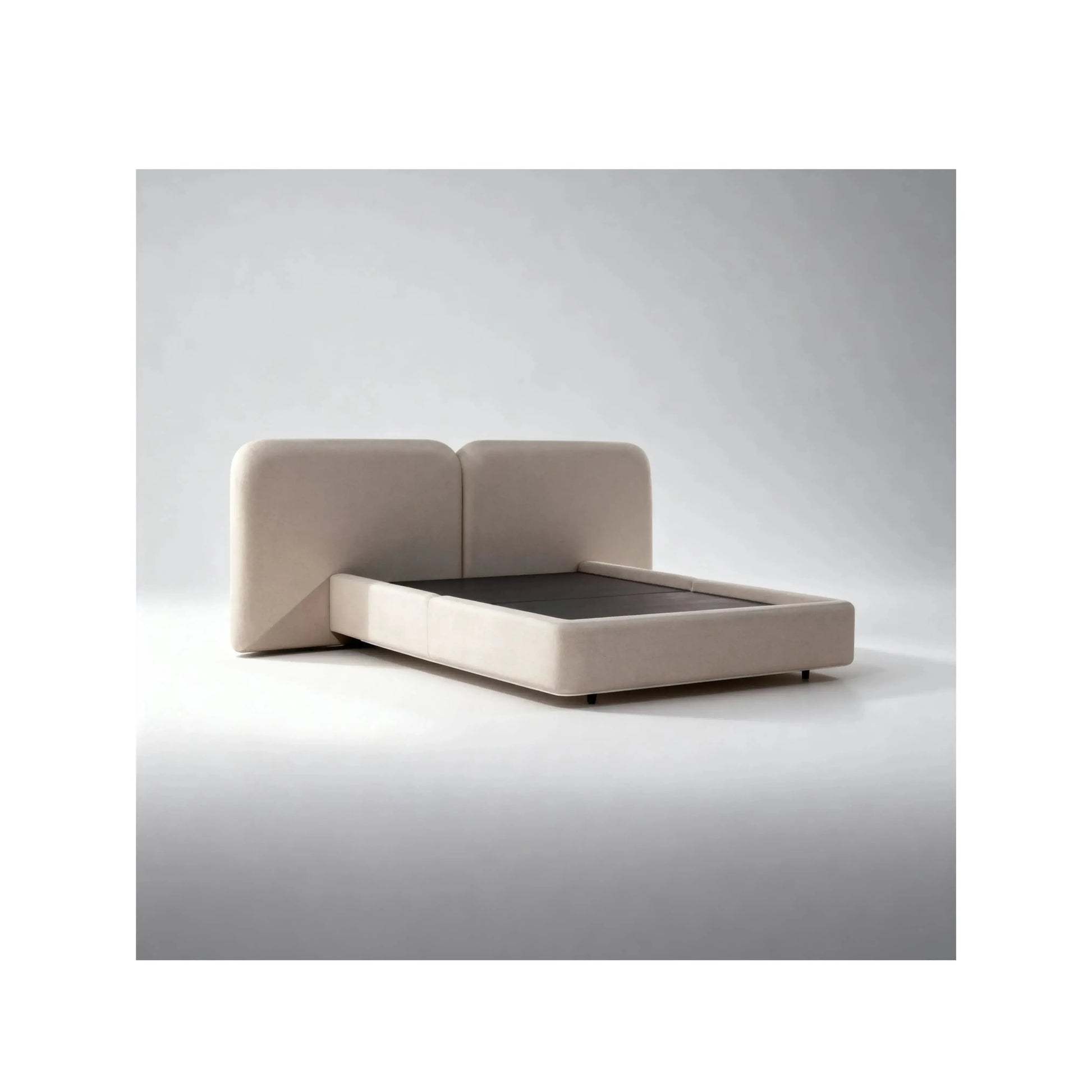 Cama Luna – cama estofada com linhas orgânicas e proporções generosas em linho ou bouclé