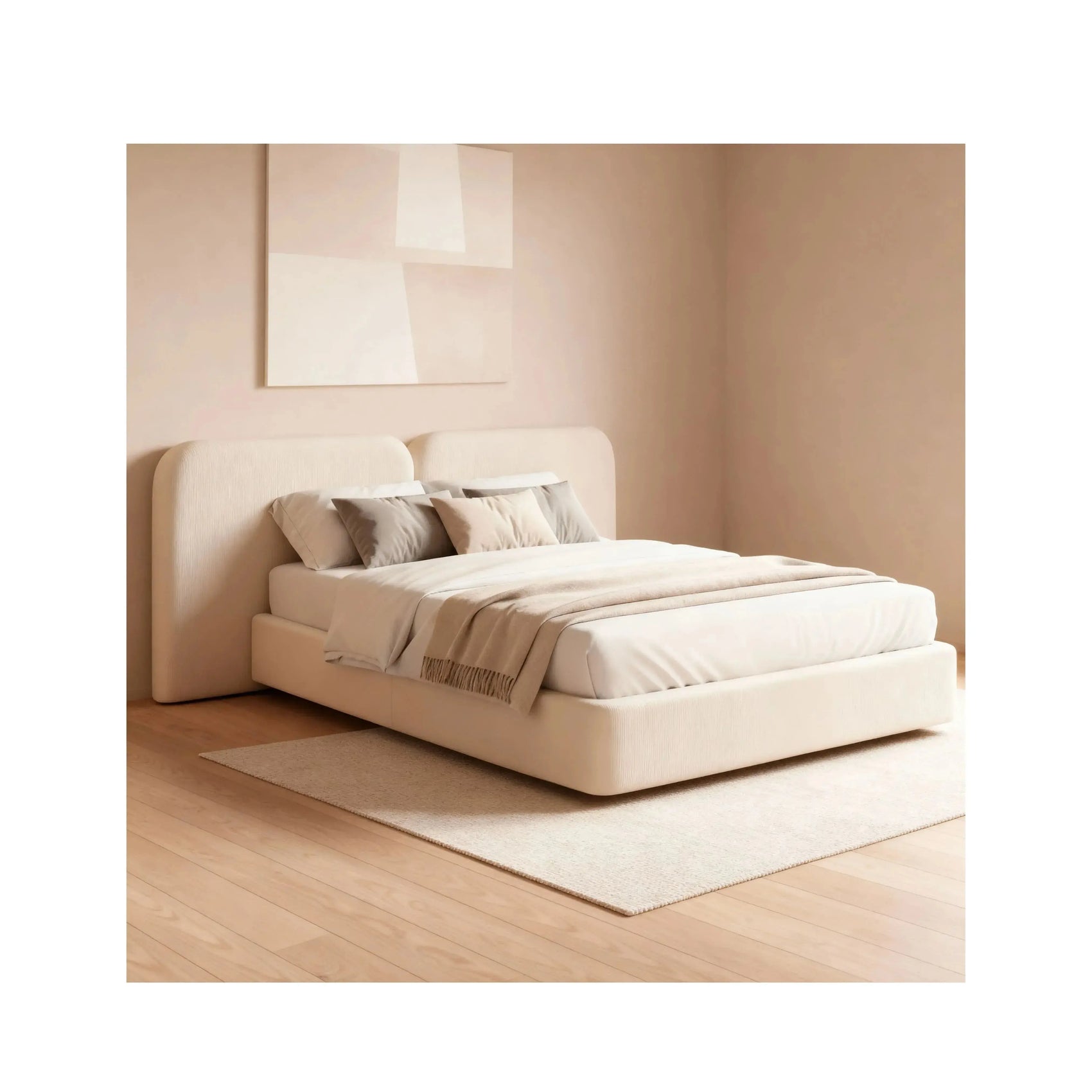 Cama Luna – cama estofada com linhas orgânicas e proporções generosas em linho ou bouclé