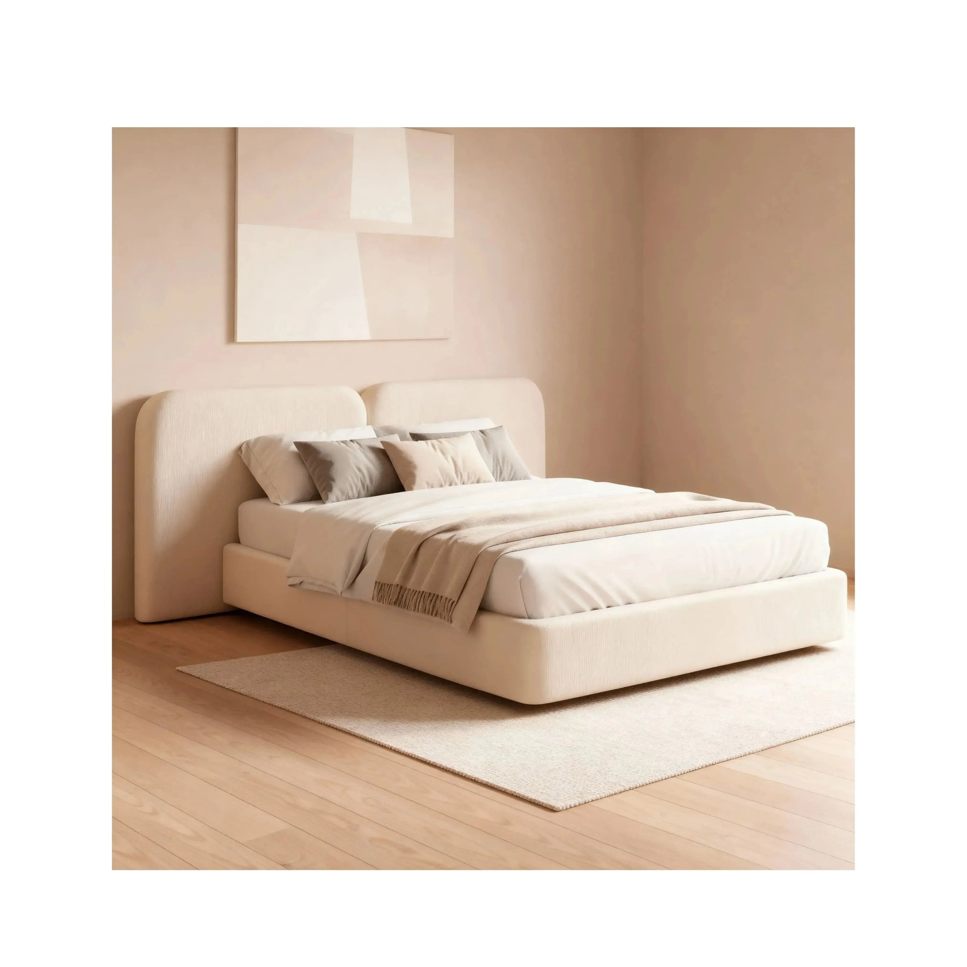 Cama Luna – cama estofada com linhas orgânicas e proporções generosas em linho ou bouclé