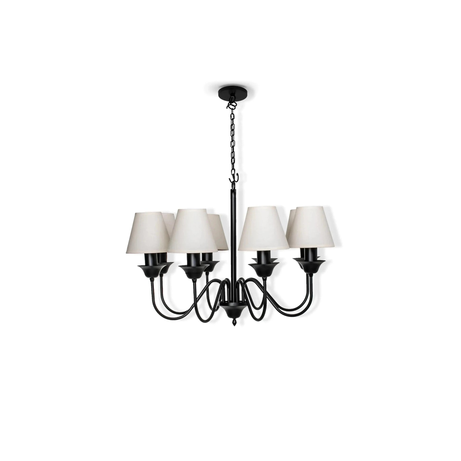 Lustre de 8 braços com estrutura preta e 8 cúpulas de tecido creme