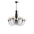 Lustre de 24 braços com hastes pretas e cúpulas brancas