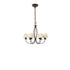 Lustre de teto com 6 braços e cúpulas de tecido bege.