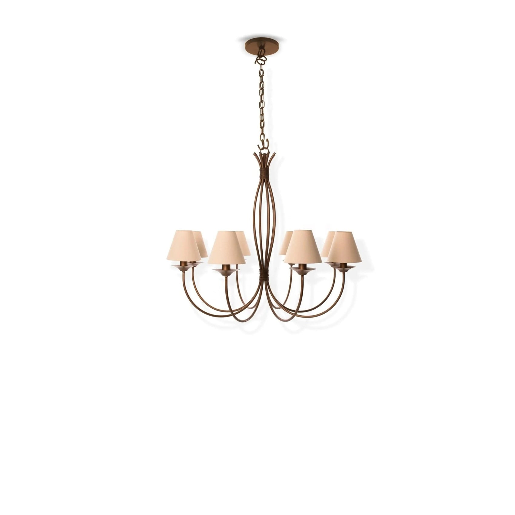 Lustre de 8 braços com estrutura marrom e oito cúpulas bege