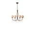 Lustre de 8 braços com estrutura marrom e oito cúpulas bege