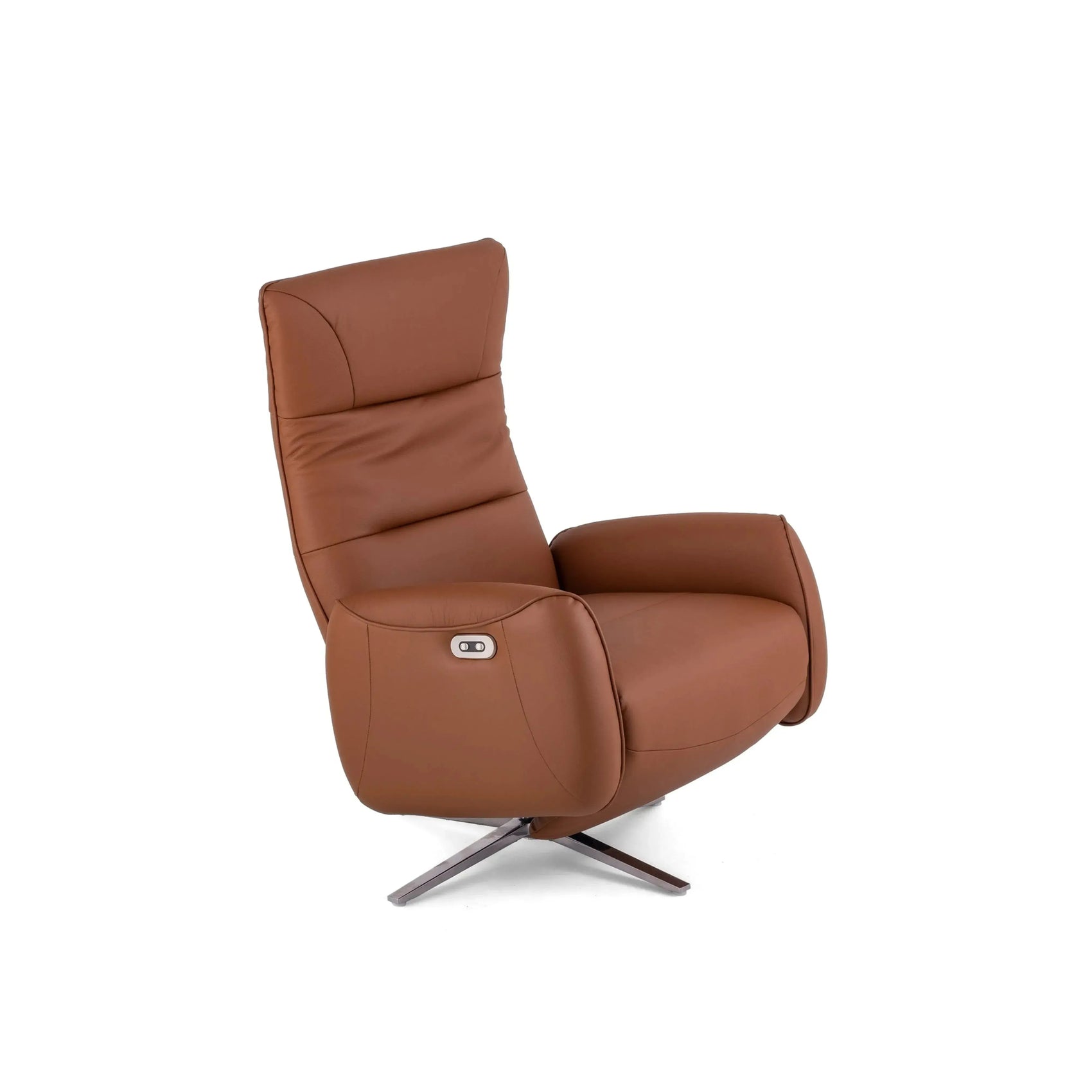 Poltrona Elétrica Magnus em couro whisky com base metálica e chaise extensível