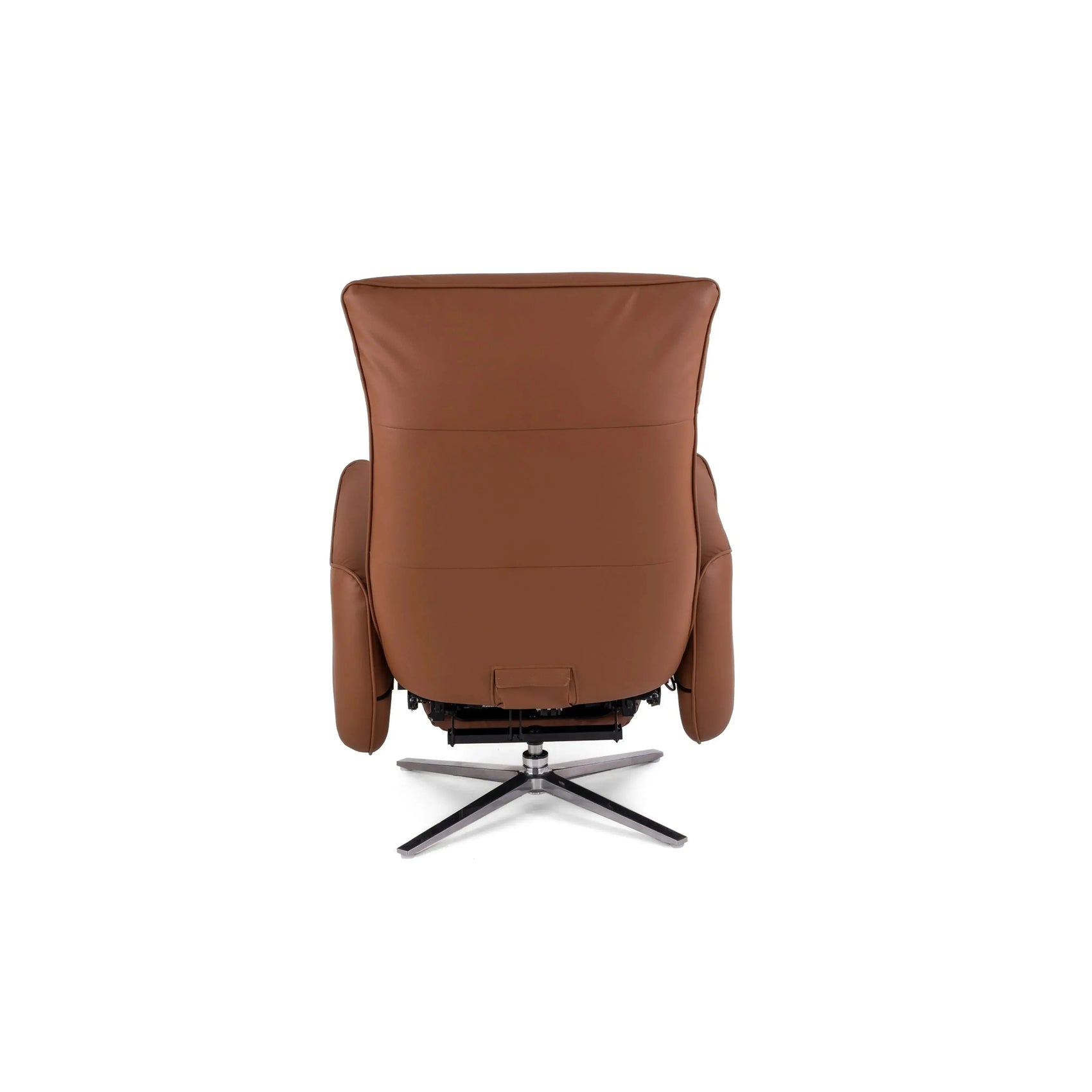 Poltrona Elétrica Magnus em couro whisky com base metálica e chaise extensível