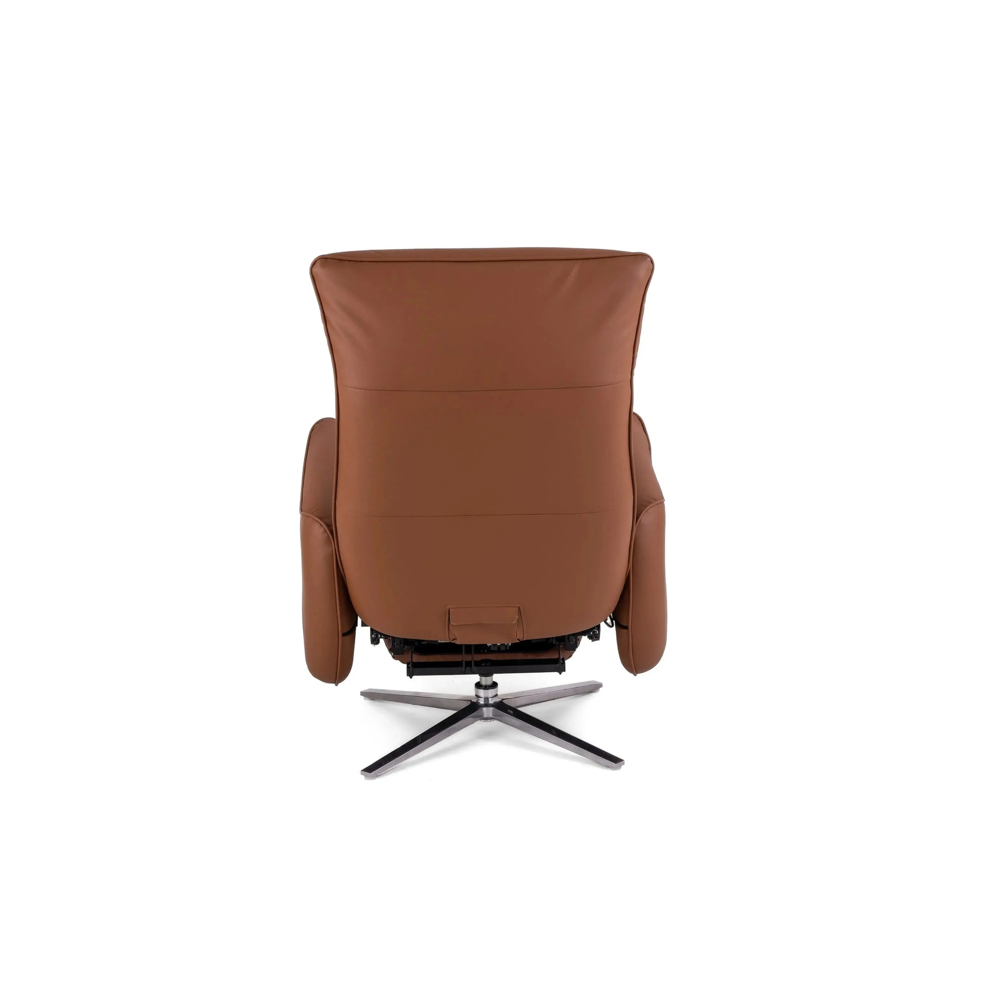 Poltrona Elétrica Magnus em couro whisky com base metálica e chaise extensível