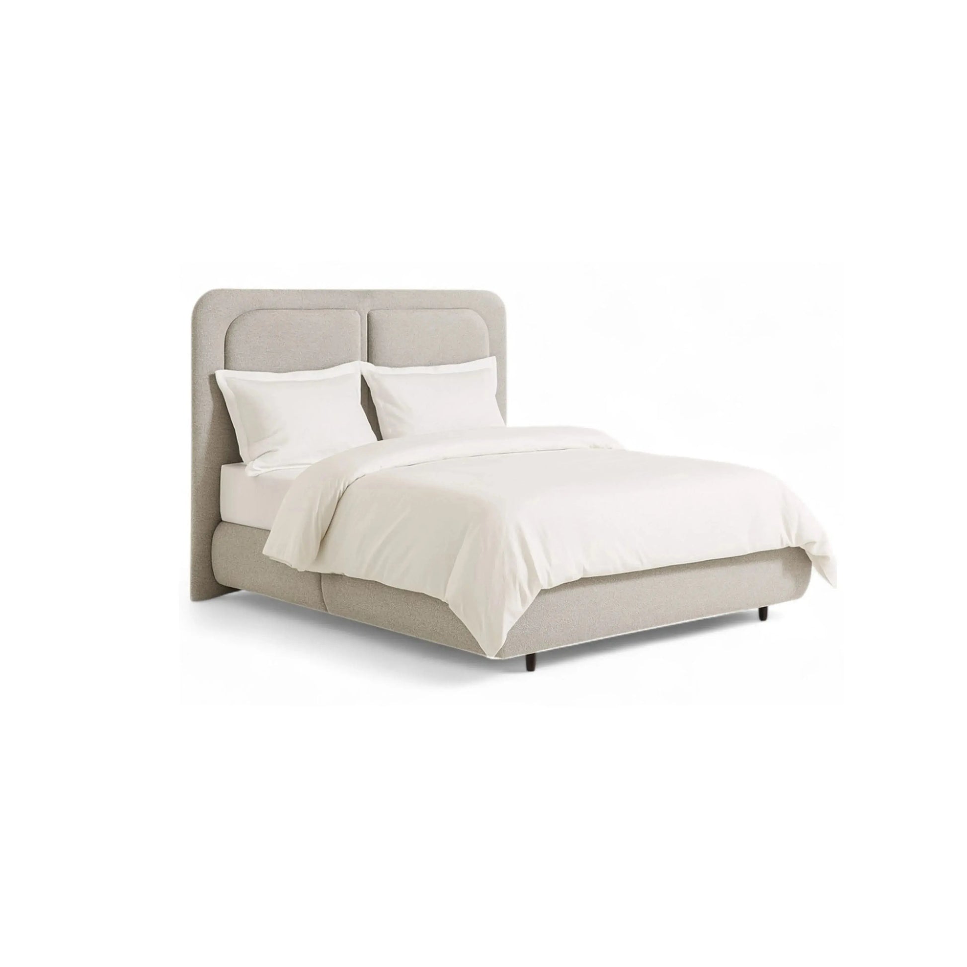 Cama Melodia – cama estofada com cabeceira de curvas orgânicas em linho ou bouclé
